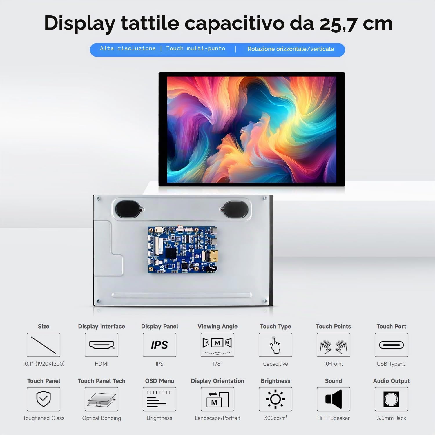 Waveshare 10.1inch High Resolution Capacitive Touch Display Compatible with Raspberry Pi 5/4B/3B/Zero/Zero W/Zero 2W/Pico/Pico, Supports Windows and Jetson Nano, 1920×1200 10-Point Touch IPS Display