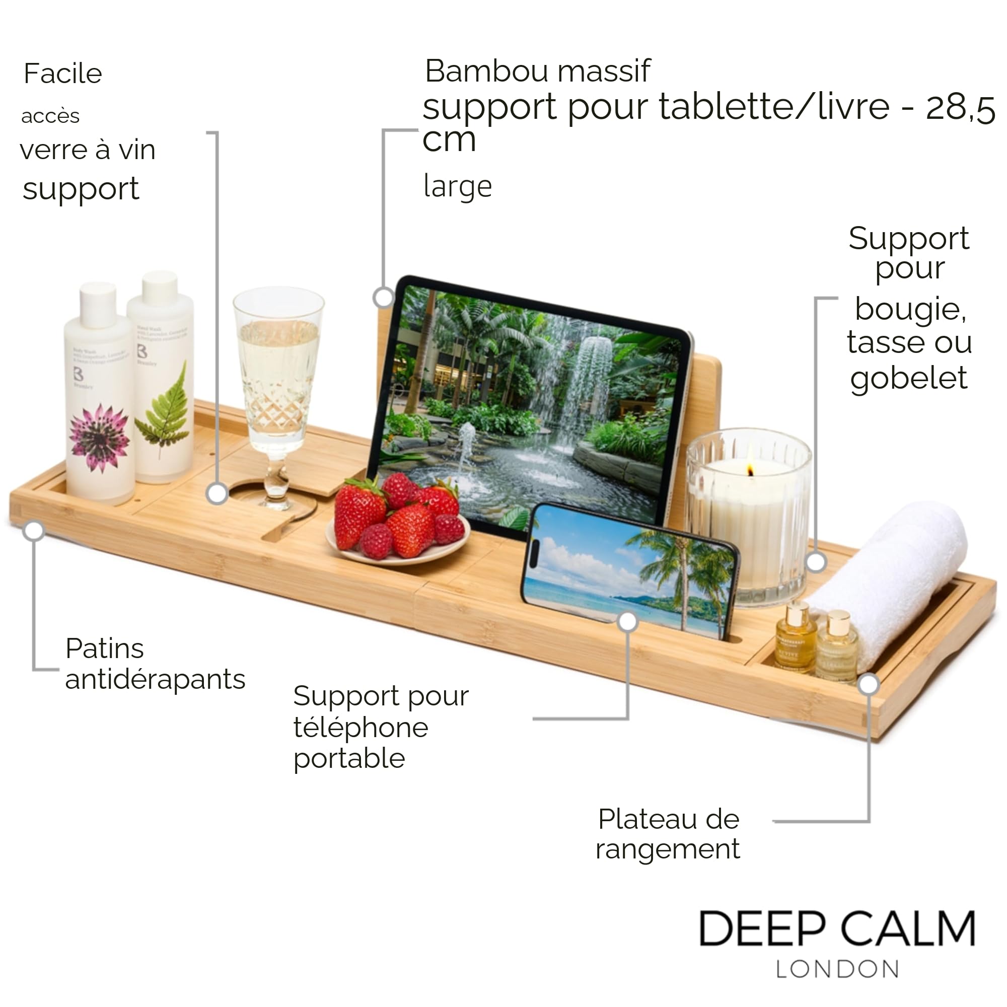 Deep Calm Plateau Baignoire – Bambou, Antidérapant, s'adapte à la Plupart des Tailles de Bain - Accessoire de Bain de Luxe pouvant contenir Un iPad, Un téléphone, Un Verre, Une Bougie (Natural)
