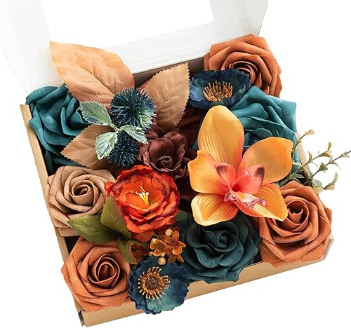 Miniatura 1 de Ling's Moment Juego de caja combinada de flores artificiales de terracota y vegetación, flores falsas de terracota para ramo de novia de boda,