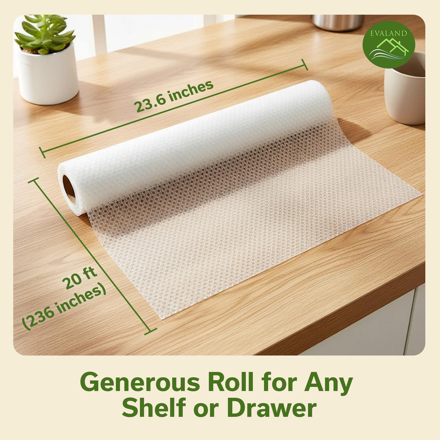 EVALAND Shelf Liners for Kitchen Cabinets Non-Adhesive 23.6" x 20 FT Clear Drawer Liner Non Slip, Washable Cabinet Liner, Waterproof Shelf Liners for Cabinets, Refrigerator Bathroom Pantry Cabinet Mat