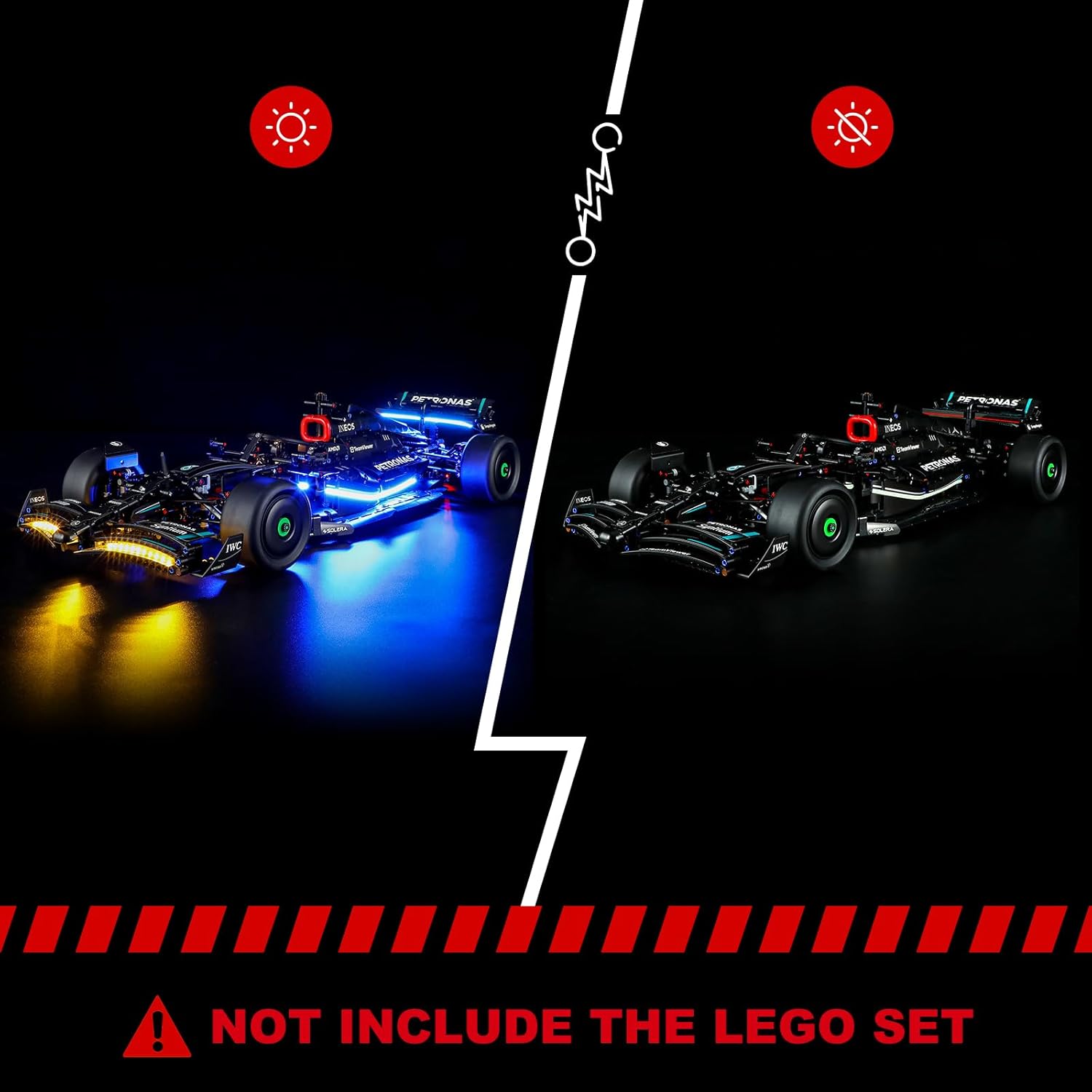 Comparison image showing the LEGO 42171 Mercedes-AMG F1 W14 E Performance model with the BRIKSMAX LED lighting kit both off and on, demonstrating the dramatic visual difference.