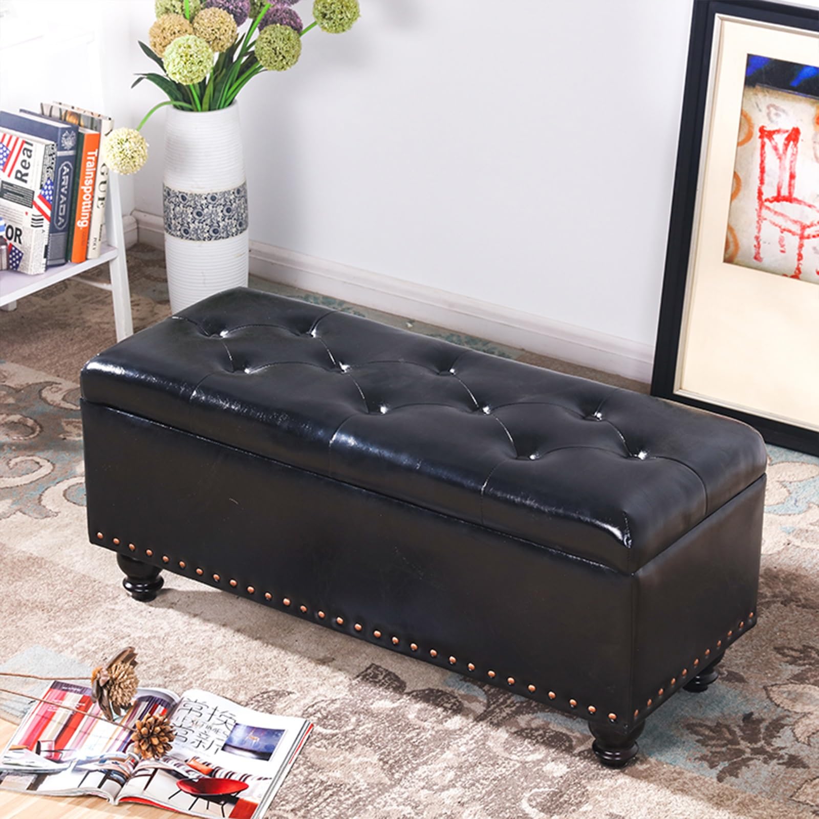 Banc de rangement à chaussures de style ottoman en cuir PU et finitions noir élégant