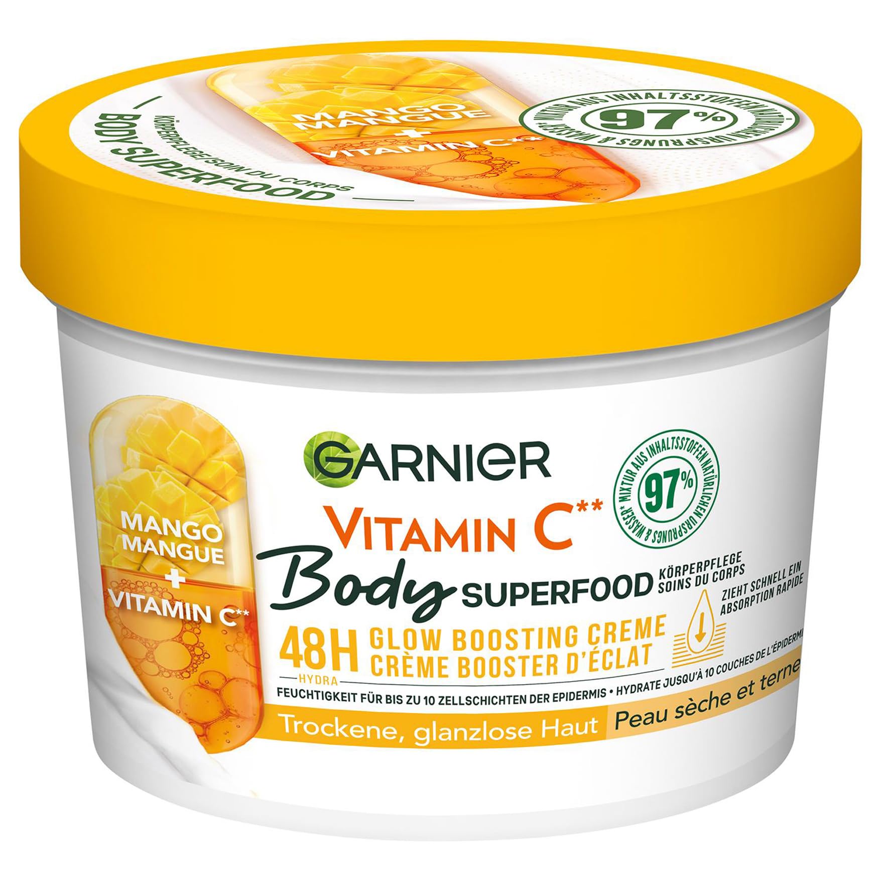 Garnier Nährende Körperpflege für fahle und trockene Haut, Body Butter mit Mango und Vitamin C, Für bis zu 48 Stunden Feuchtigkeit, Body Superfood, 1 x 380 ml