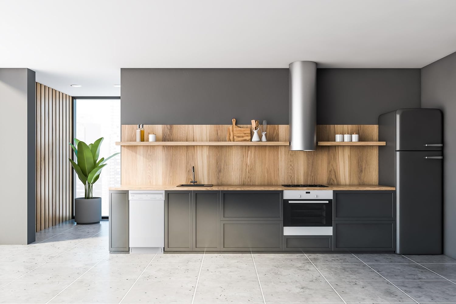 Honeywell 18 Inch Dishwasher installed in a kitchen with light wood accents.