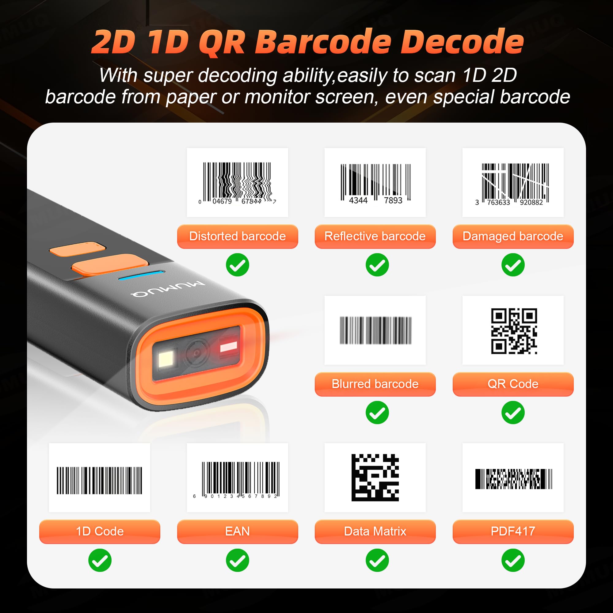 Lecteur Code-Barre Douchette sans Fil Mini, Scanner 1D 2D QR, Connexion 3-en-1 (Bluetooth 5.2/2.4GHz/USB), Compatible avec Windows PC, Mac, iOS, Android, Tablettes - avec Station de Charge
