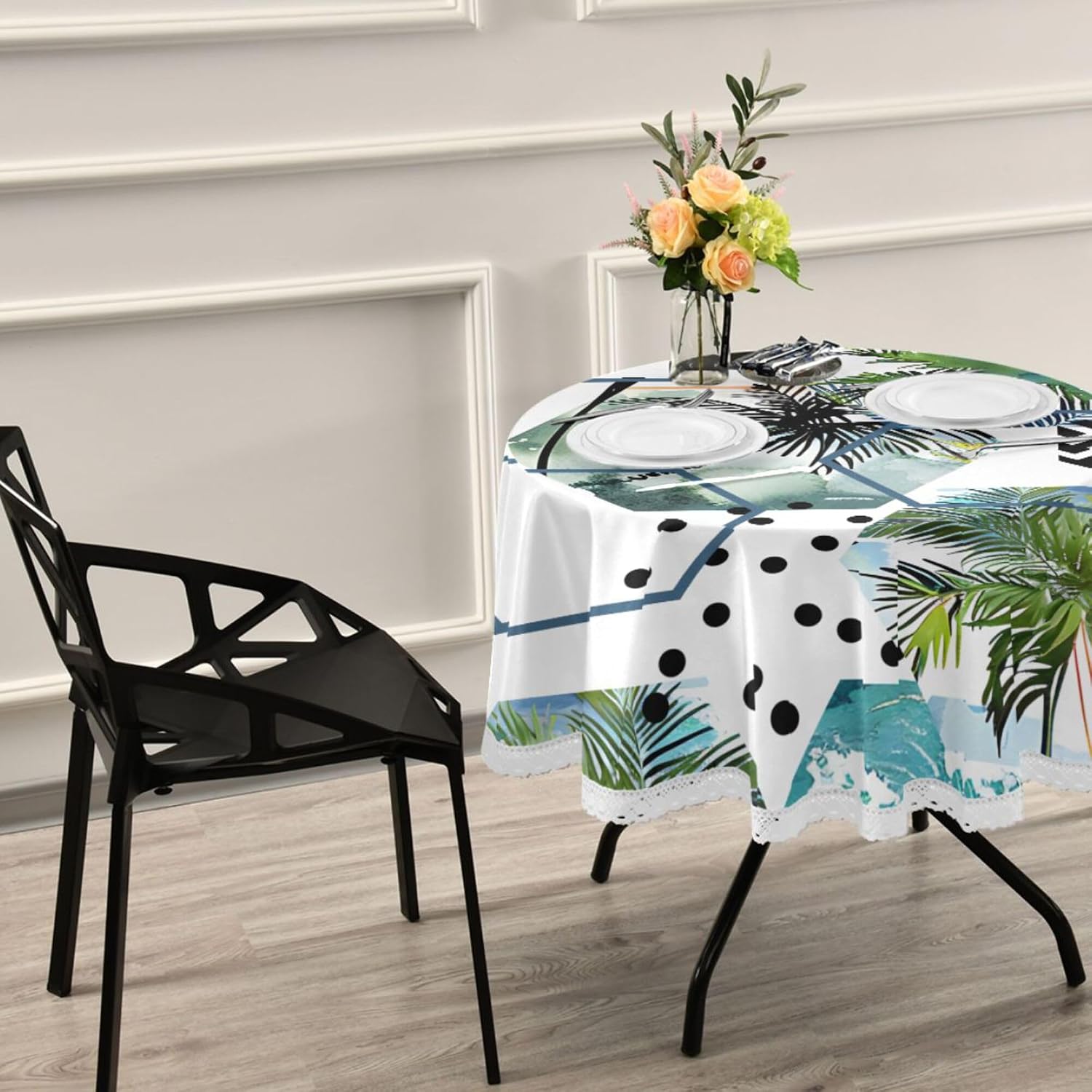 MNSRUU Round Tablecloth Palm Trees and Tropical Leaves Table Cover Round 60" Waterproof Table Protector for Outdoor Wedding Party Dining Room Table
