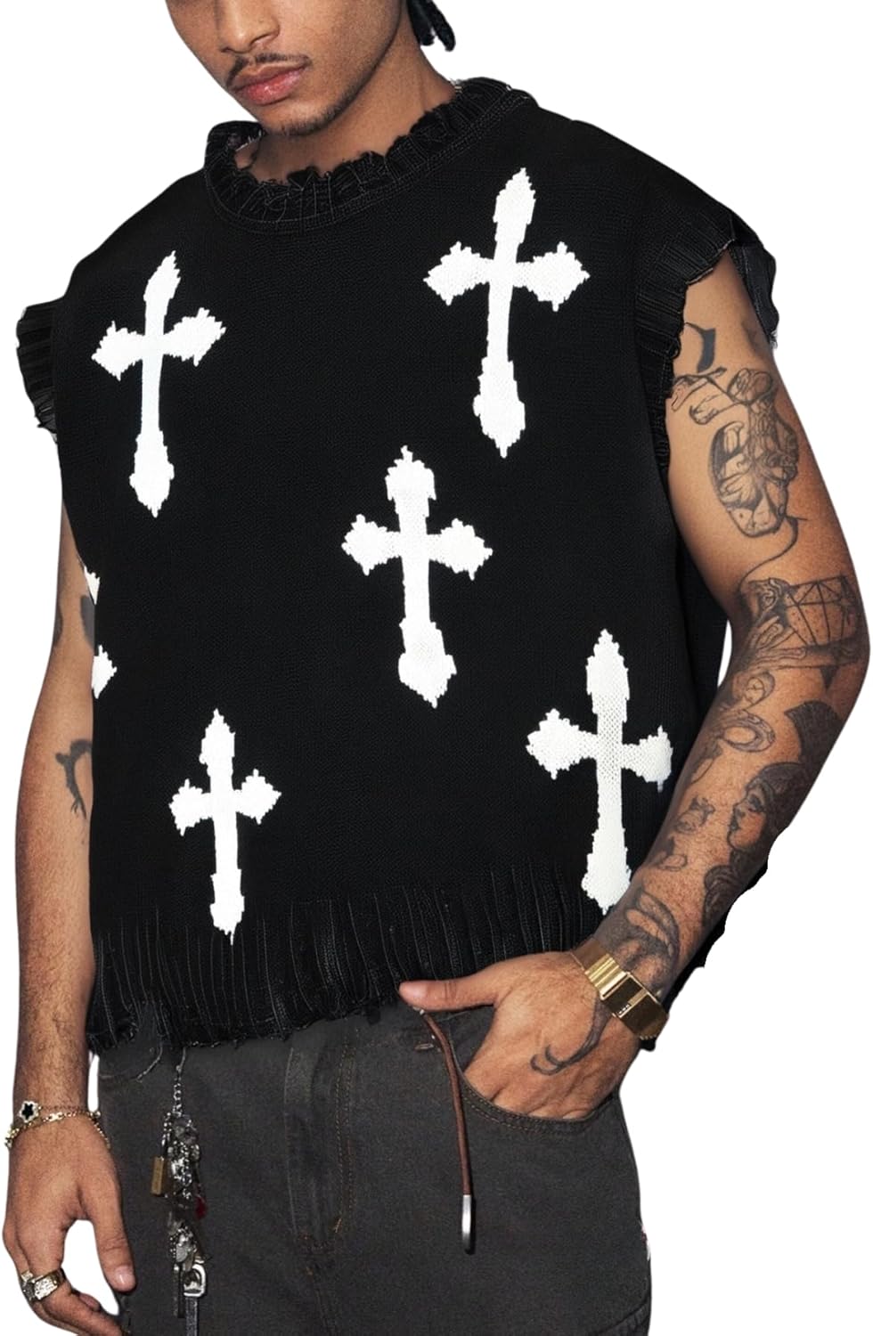Verdusa Men's Sweater Vest Cross Print Ripped Y2k Sweaters Vintage Sleeveless Knit Tops Streetwear