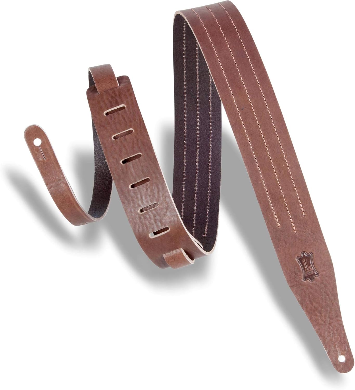 Levy's Leathers 2" Veg-Tan Leather Guitar Strap Triple Stitch - Contrast Design; Brown and Red (MV217TS-BRN_RED)