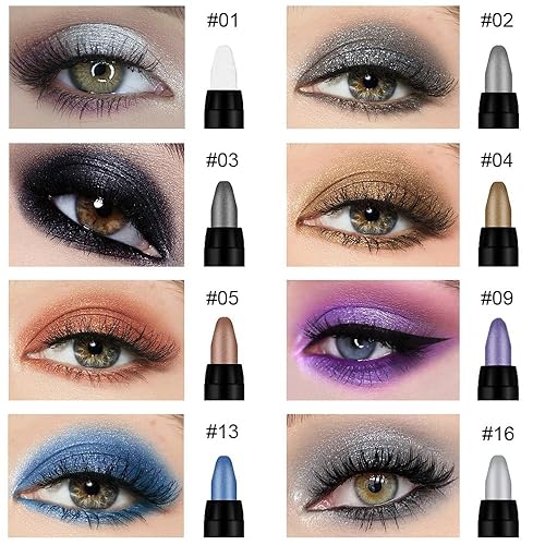 Miniatura 2 de Kaely Juego de 8 lápices iluminadores de sombra de ojos crema para ojos, blanco perla, negro, gris, caqui, azul real, Vioiet, morado y plateado,