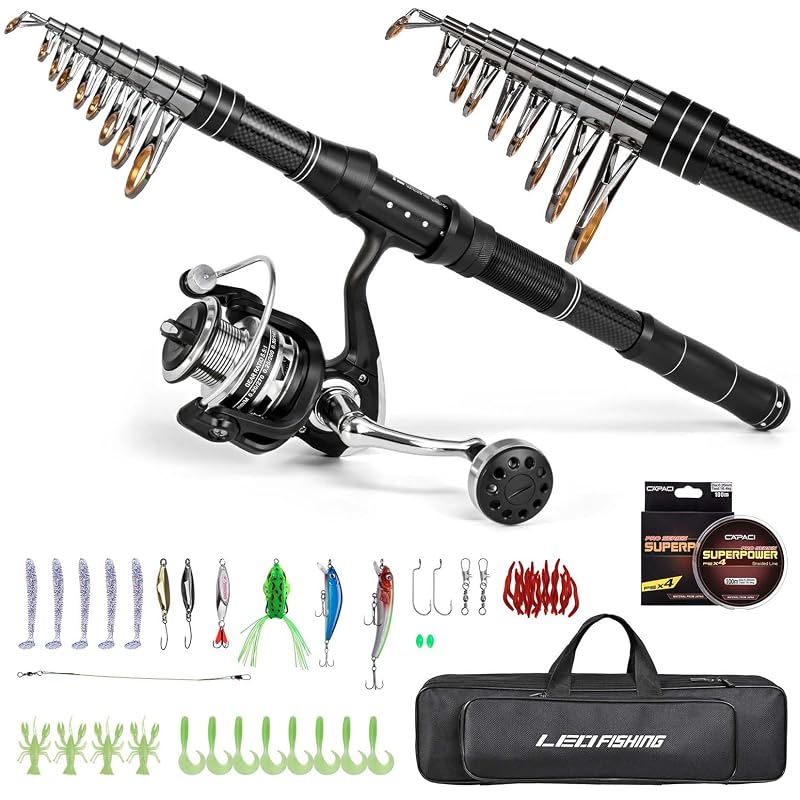 Kit de pesca Blackpeanut con carrete plata, sedal, señuelos y bolsa