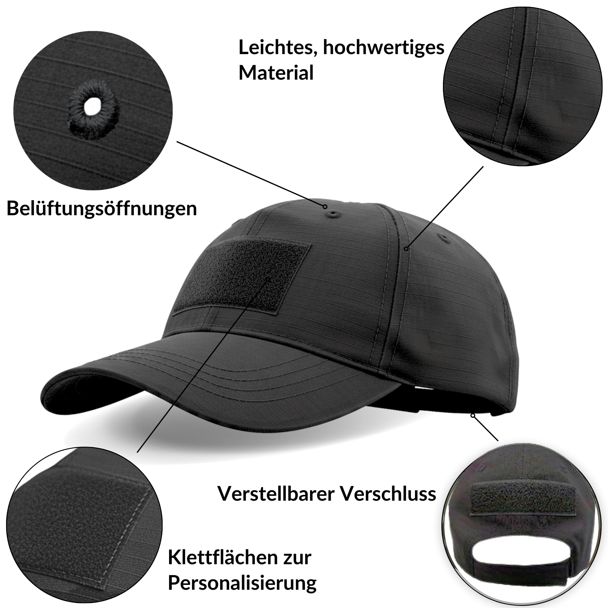 Sibo - Outdoor-Set (3-teilig): Taktische Klett-Cap + Outdoor-Schutzbrille + Elastische, atmungsaktive Sturmhaube für Airsoft, Paintball, Jagd, Wandern, Radfahren, Running, Skifahren (Schwarz)