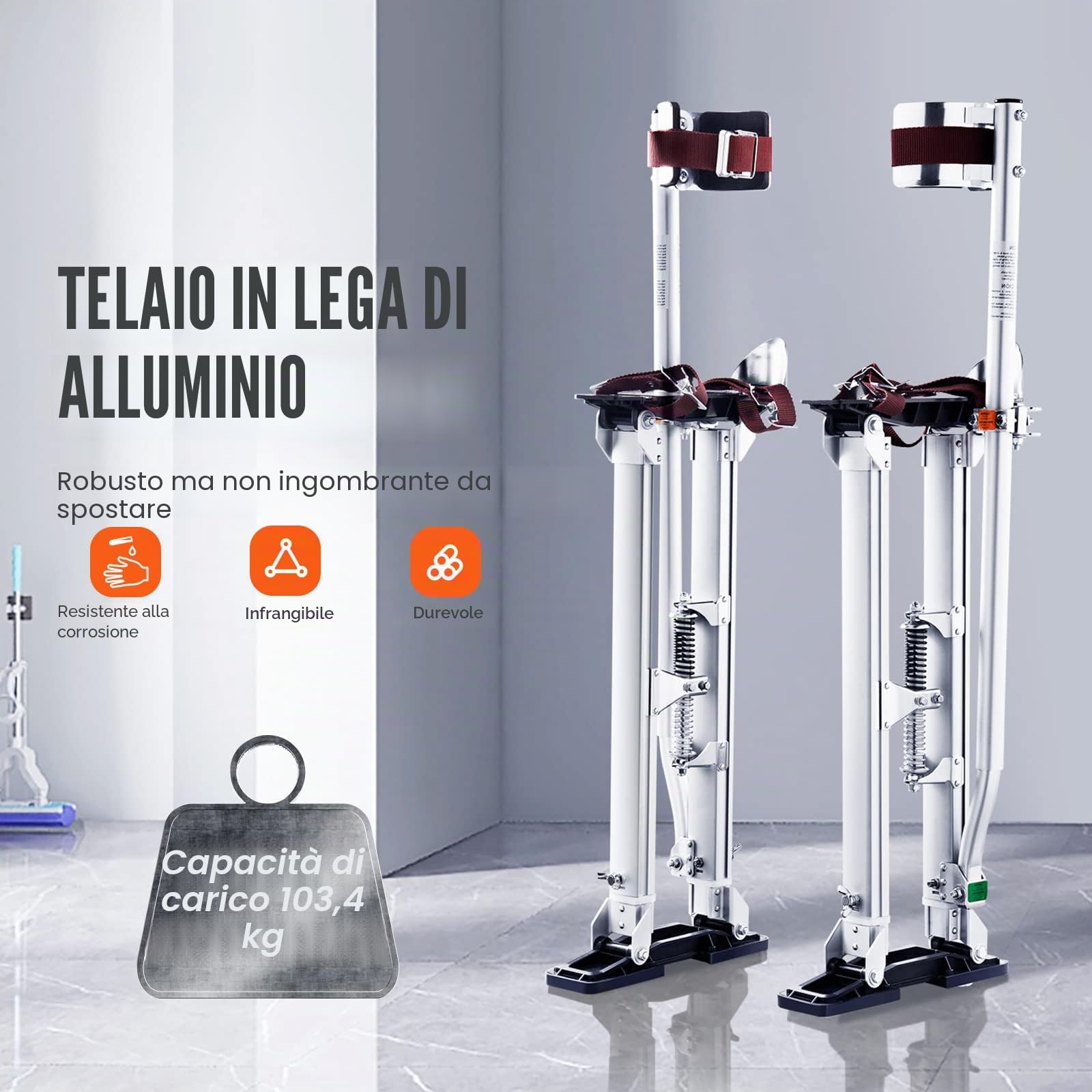 VEVOR Trampoli in Alluminio per Edilizia Altezza Regolabile 61-101,6 cm Misura di Piedi 27-29 cm, Trampoli in Alluminio per Lavori Interni Esterni Cartongessisti Muratori Pittori Spettacoli in Costume