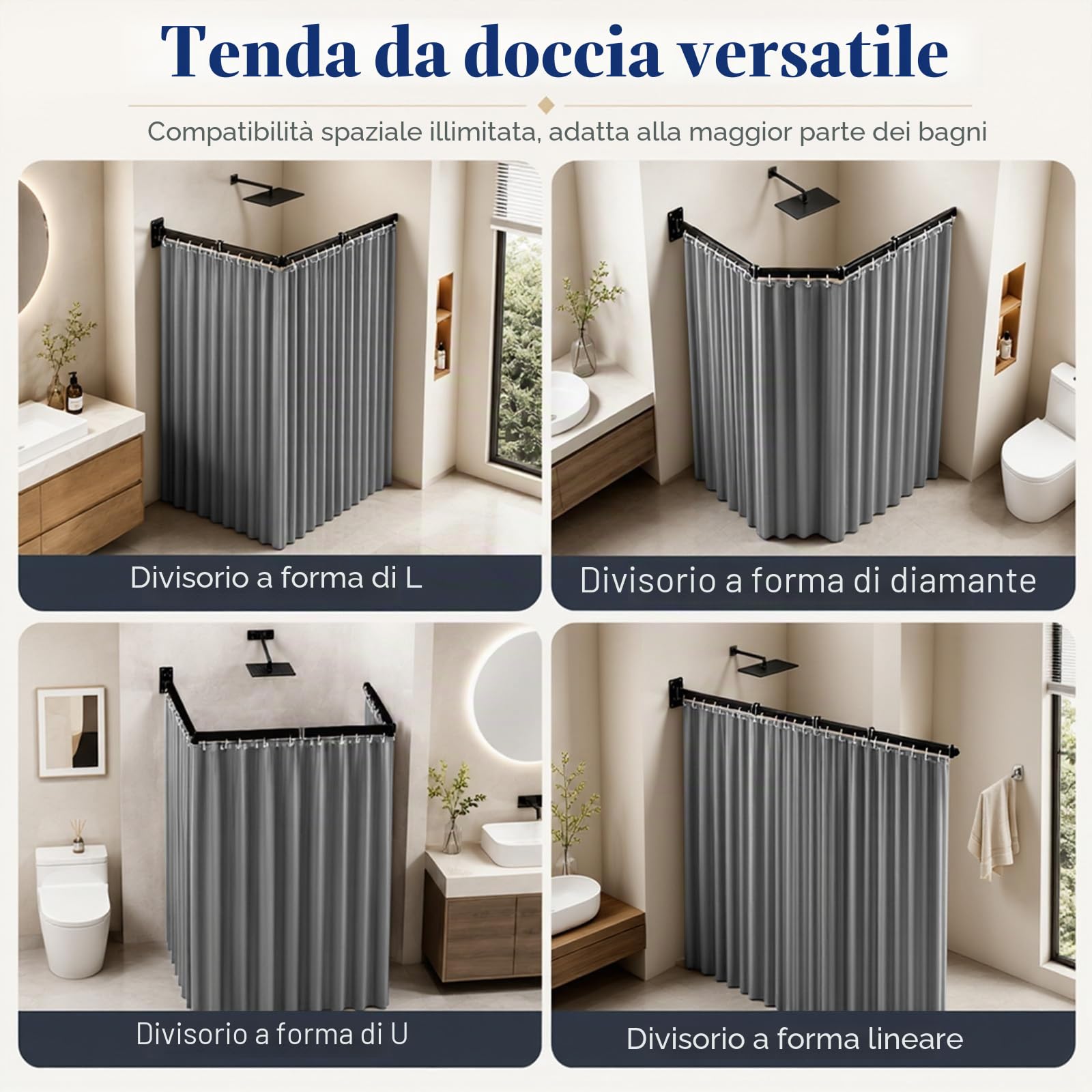 Tenda doccia senza forare, asta pieghevole con ventose, forma L e U, 120 cm, design pieghevole in 4 parti, per doccia angolare, vasca da bagno, camper