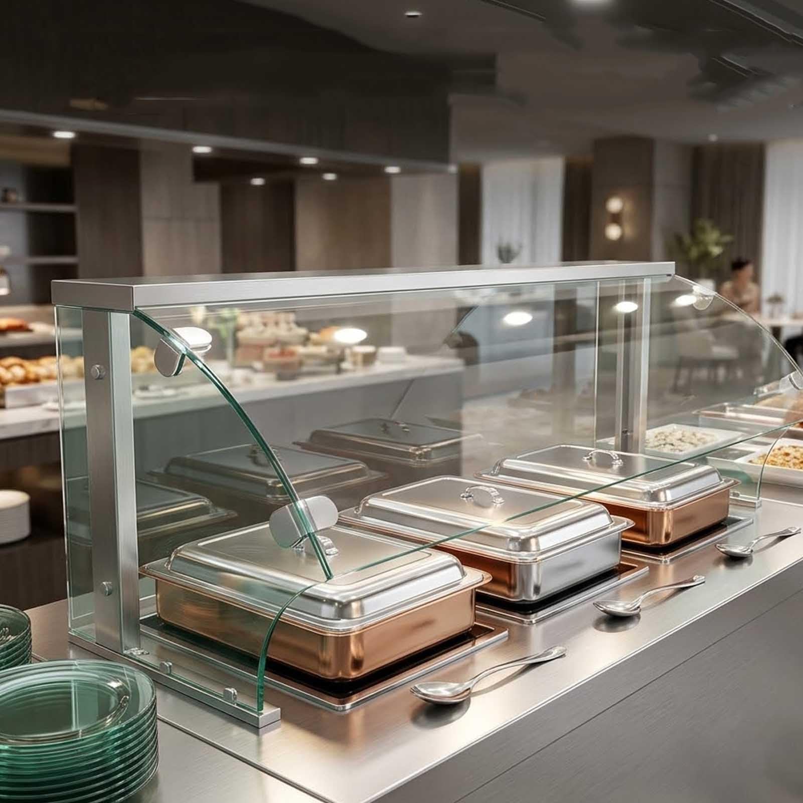 Vetrina commerciale per pasticceria in vetro temperato curvo, struttura in acciaio inox, copertura trasparente per pasticceria e dessert