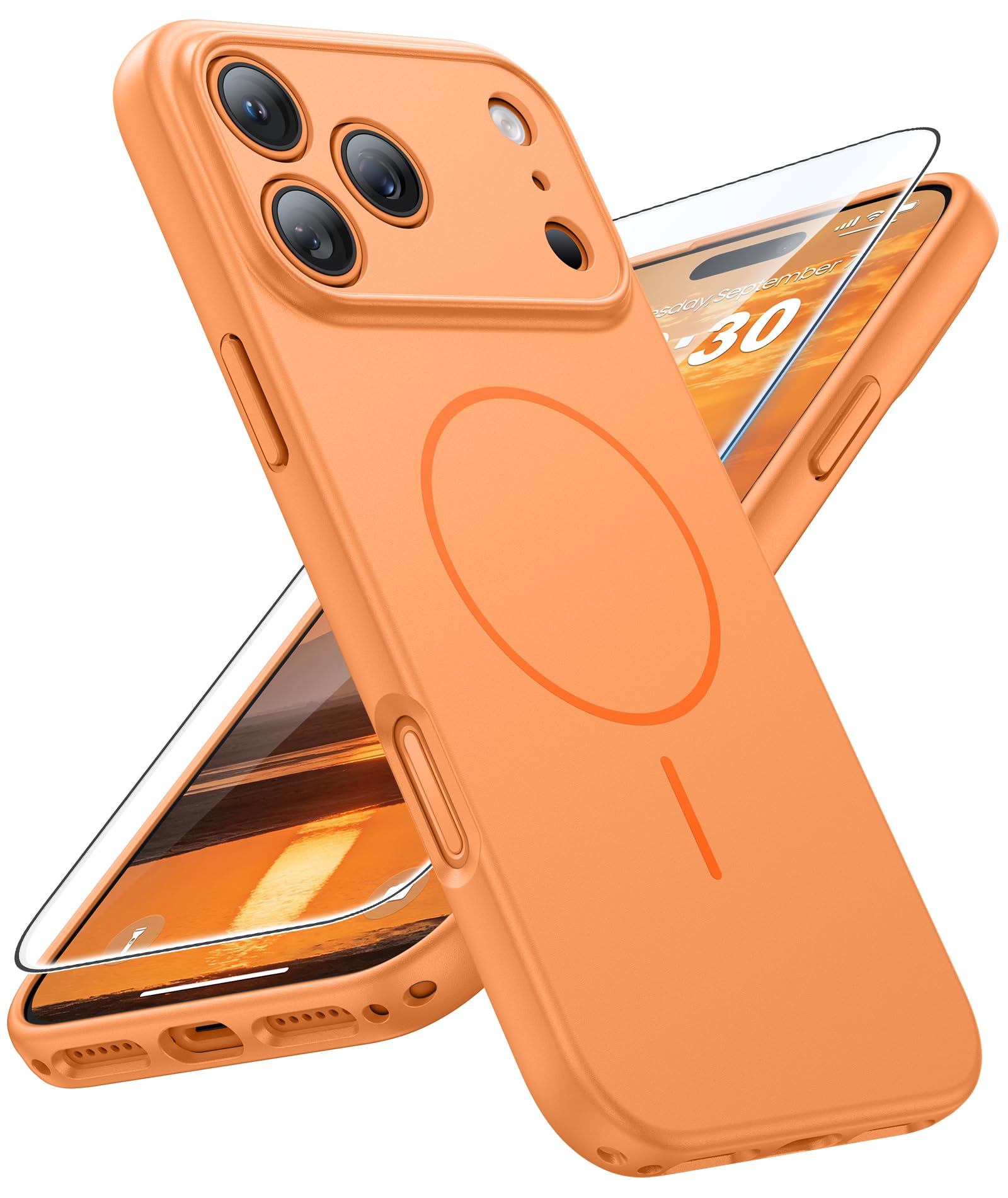 FNTCASE for iPhone 17 Pro Case: Matte Compatible with MagSafe | Full Camera Protection Magnetic Cases With Screen Protector, Military Grade Drop Tested, Shockproof Slim Phone Cover, Orange