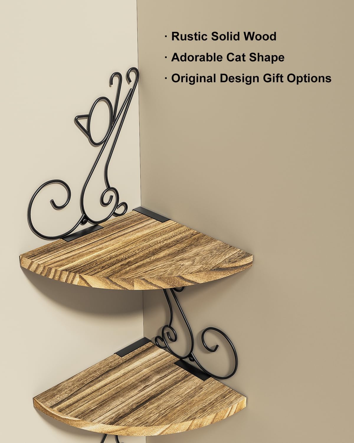 Alsonerbay Wall Mount Corner Shelves 4 Tier Floating Corner Storage Wood Shelves Decorative Rustic Radial Shelf in Cat Shape Carbonized Black thumbnail