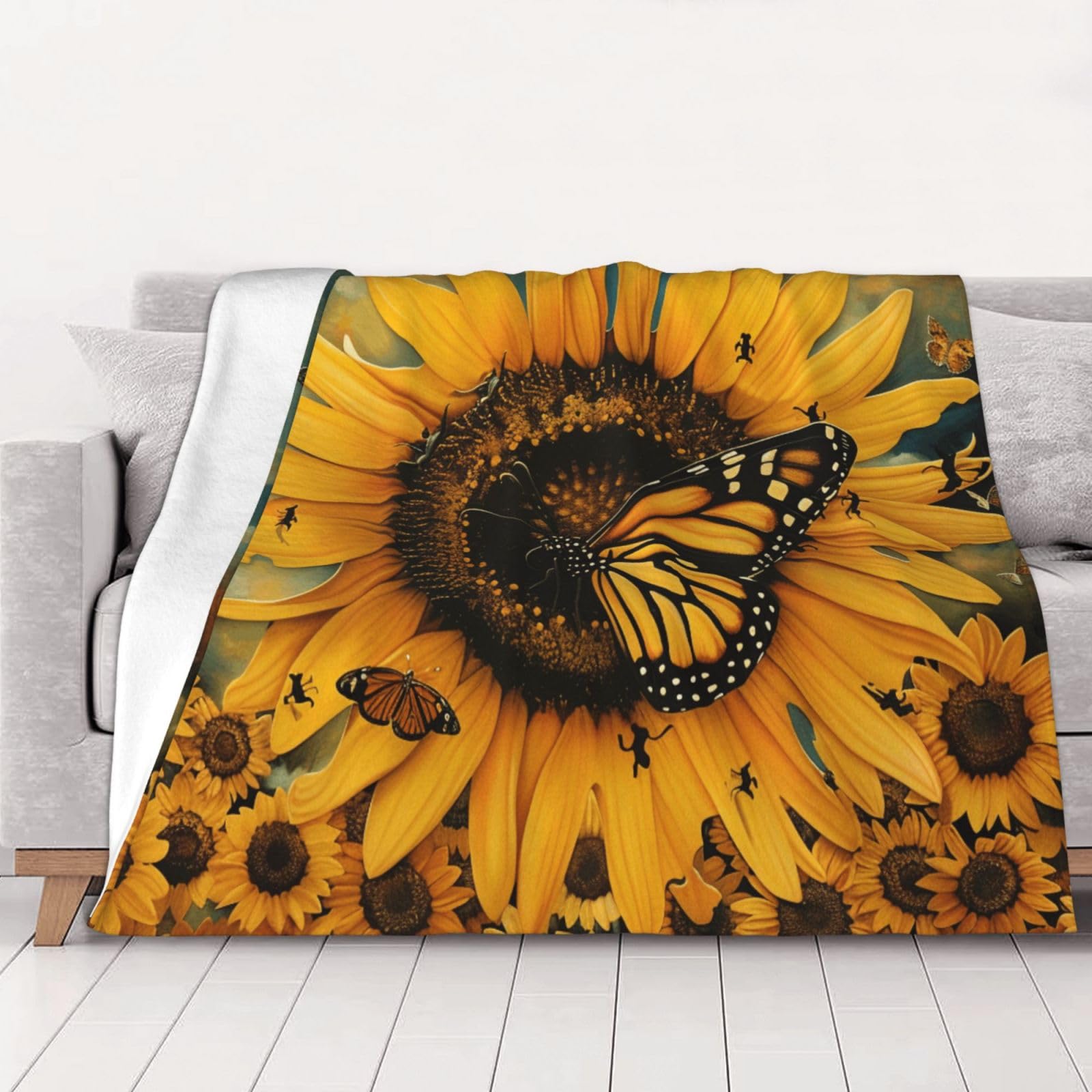 AUBKFELD butterfly and sunflower Printed Flannel Blanket 200x150 CM, Soft & Warm Throw Blanket for Sofa/Couch/Bed/Car, Gifts for Audlts Women Men