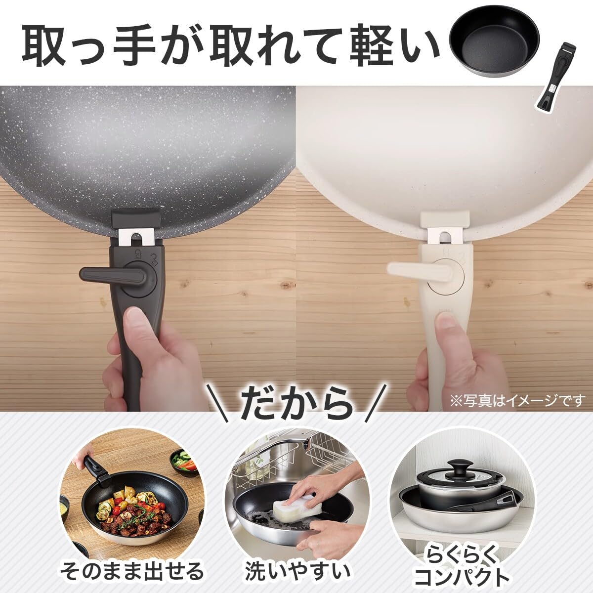 ニトリ 取っ手がとれる 鍋・フライパン5点セット TORERU3サムネイル6