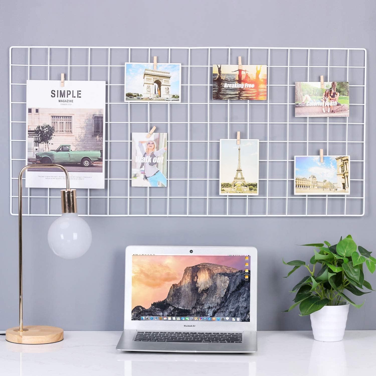 Kaforise Wire Wall Grid Panel, Wire Photo Hanging Display and Wall Storage Organizer, 10 Clips and 2 Nails Offered, Set of 1, Size 17.7" x 37.4", White