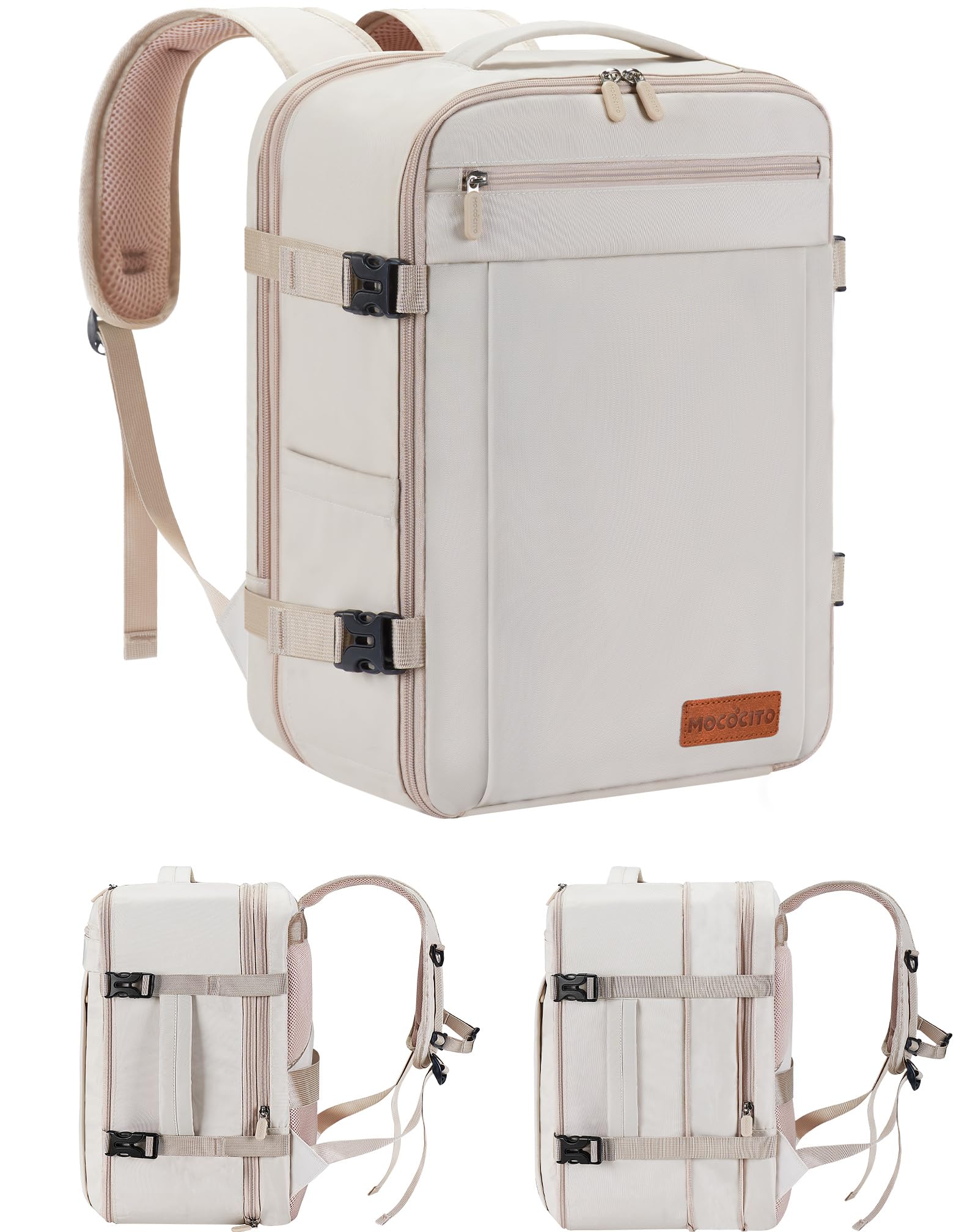 Bagage Cabine 40x30x20cm Extensible, Sac à Dos de Voyage, Sac Cabine Avion 24L-30L pour Vueling/Transavia, avec Compartiment PC 15.6" - Beige Crème