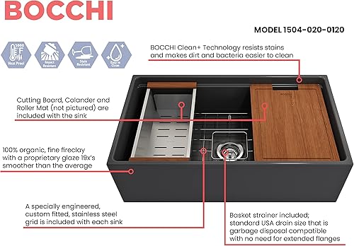 Miniatura 4 de BOCCHI Contempo - Delantal para estación de trabajo, con borde delantero, arcilla refractaria de 33 pulgadas, fregadero de cocina de un solo tazón