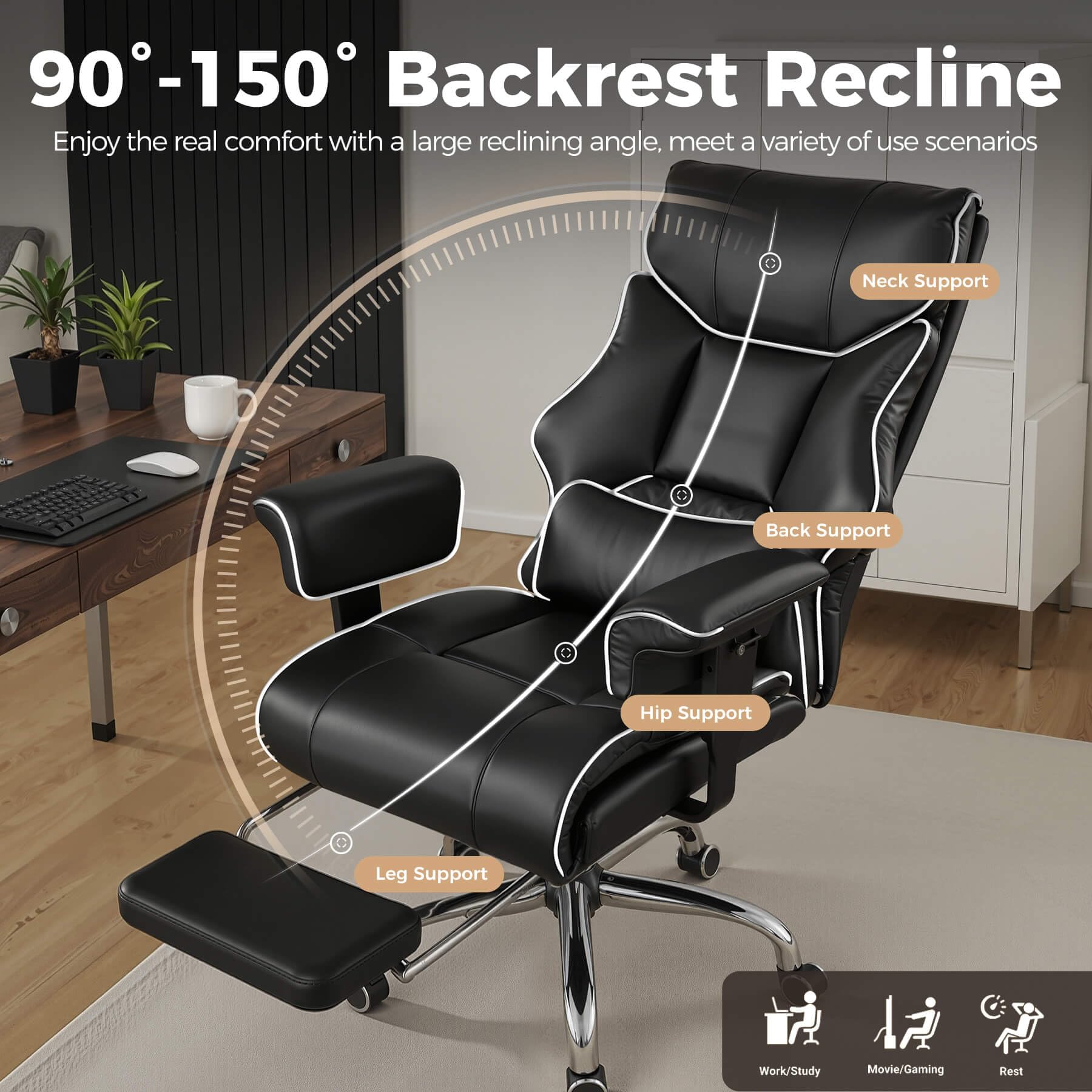 GTPLAYER Big and Tall Gaming Chair 400lbs Heavy Duty Office Chair with Foot Rest & Ergonomic Pocket Spring Cushion, High Back Lumbar Support for Lower Back Pain Relief, White/Black view 6