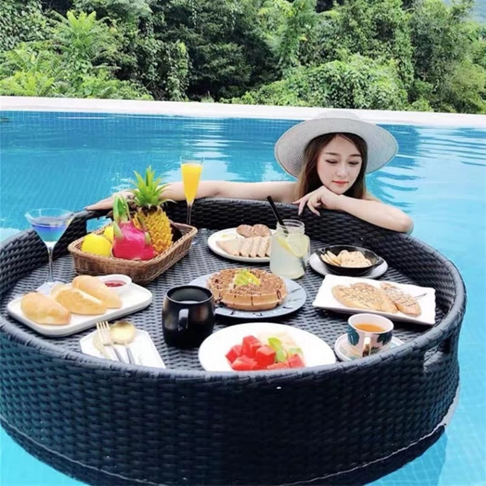 Pływająca okrągła taca do serwowania z uchwytami, tkana rattanowa pływaczka na basen, dla dorosłych, na plażę, spa, jacuzzi, imprezy, fotografię ślubną, letnia zabawa