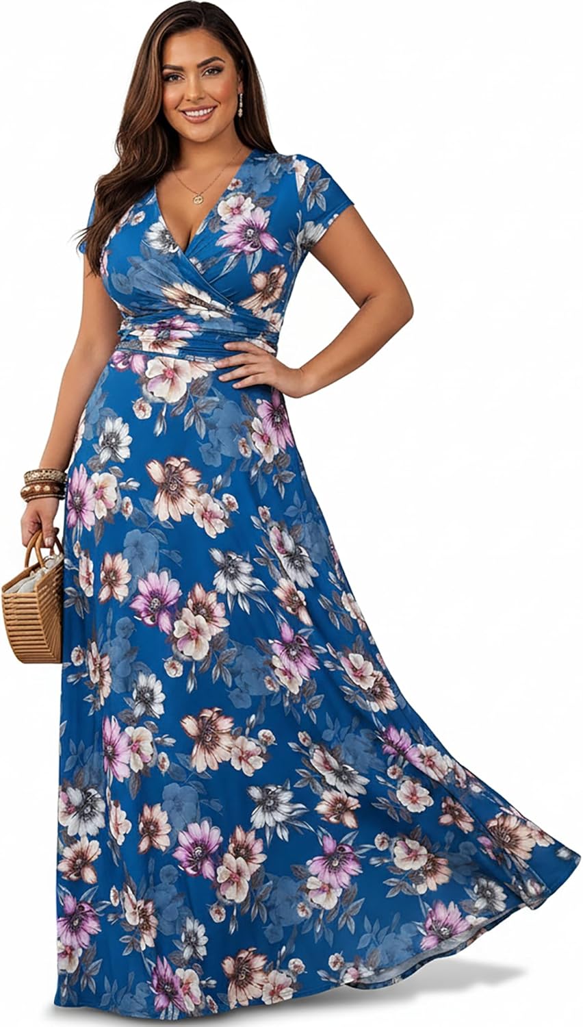KOH KOH Womens 2026 Long Cap Sleeves Floral Print V-Neck Summer Sundress Maxi Dress