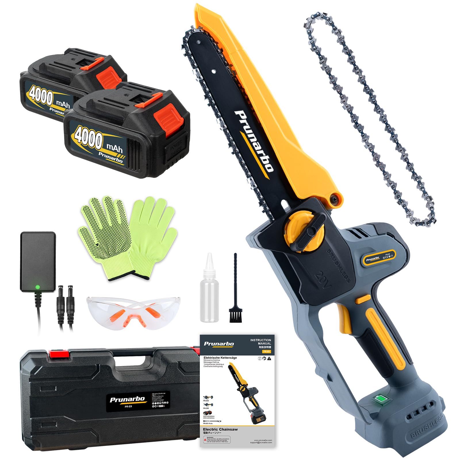 Mini Tronçonneuse 8" Sans Fil avec 2 Batteries 4Ah | Coupe Sans Effort, Lubrification Automatique, Compatible Perche Télescopique, Arbres Fruitiers, Entretien du Jardin