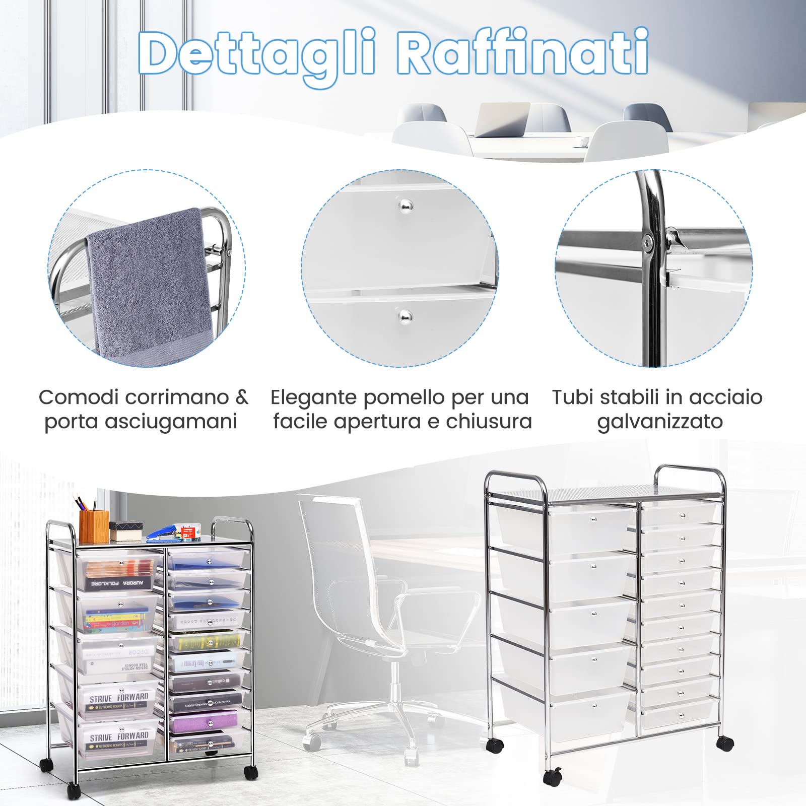 GYMAX Carrello Portaoggetti con 15 Cassetti Staccabilea, Carrellino Salvaspazio con Ruote, per Uffici, Parrucchieri, Studio, Soggiorno, 62,5 x 37 x 87 cm (TRASPARENTE)