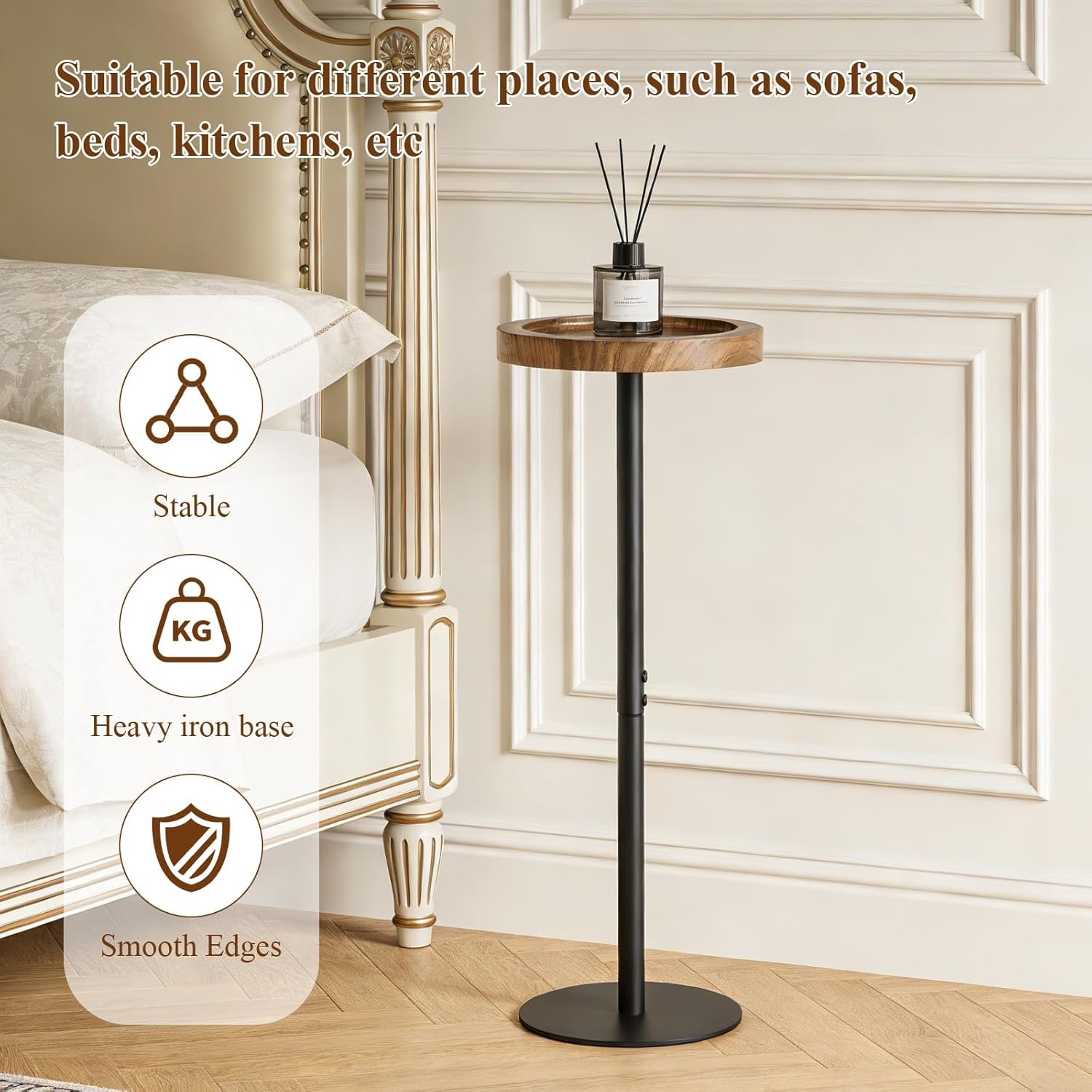 YYW Drink Table, 7.87" Round Side Table, Small Pedestal Side Table, Circle End Table with Metal Base, Martini Tables for Small Spaces, Living Room, Bedroom (Walnut Brown)