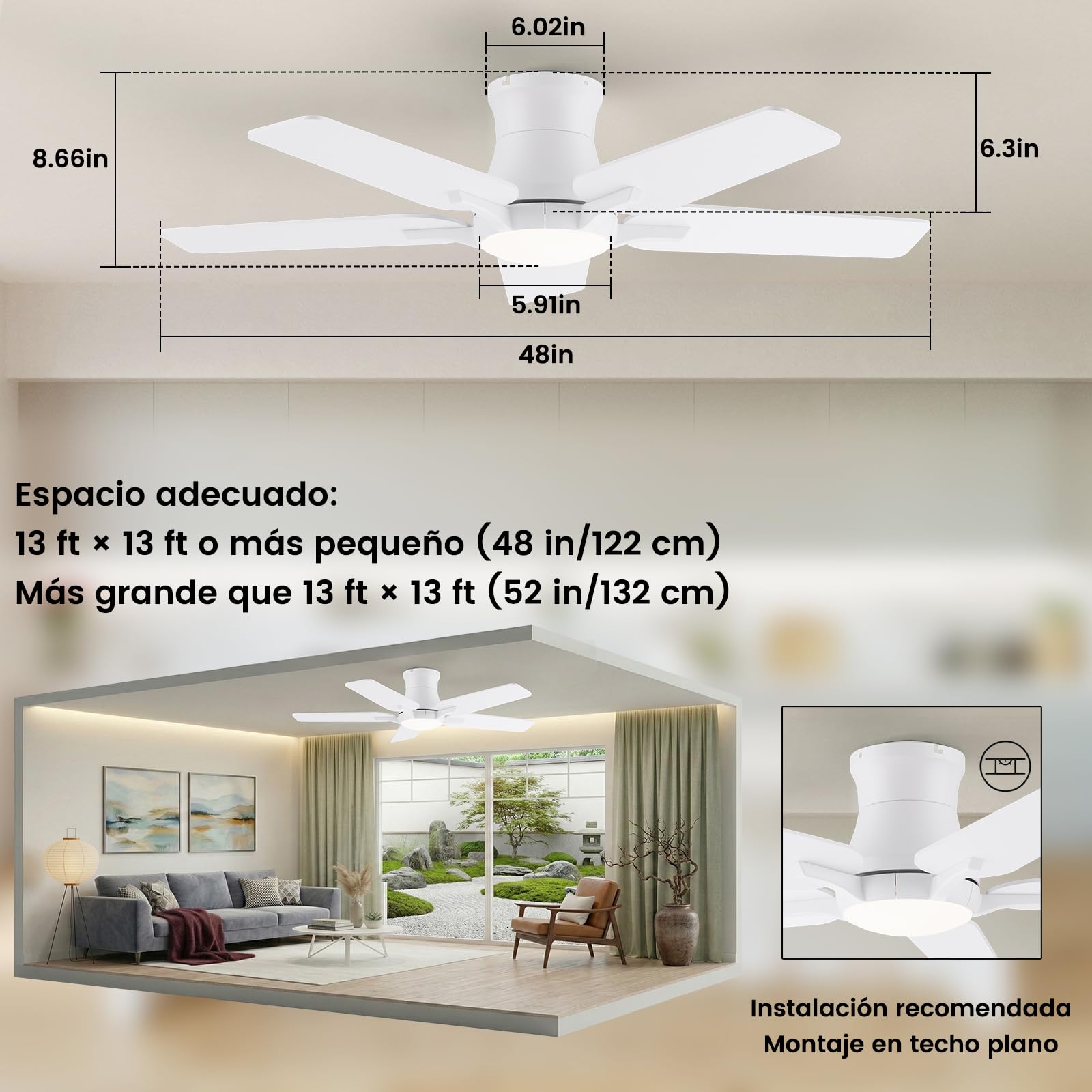 Ventilador de techo con luces de 122 cm, ventilador de techo con mando a distancia, silencioso motor reversible de CC, memoria 3CCT, regulable, 6 velocidades,Blanco