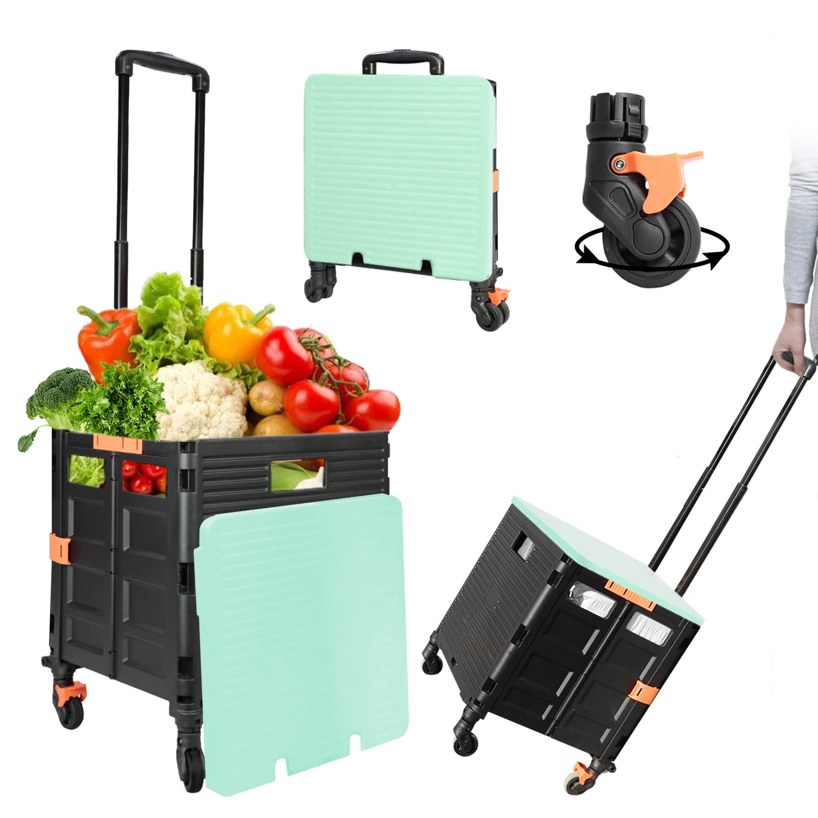 Wózek zakupowy, składany wózek transportowy, koszyk, wózek z pokrywką, składany wózek zakupowy, 50 kg, uchwyt teleskopowy, uchwyt rozszerzalny, zielony