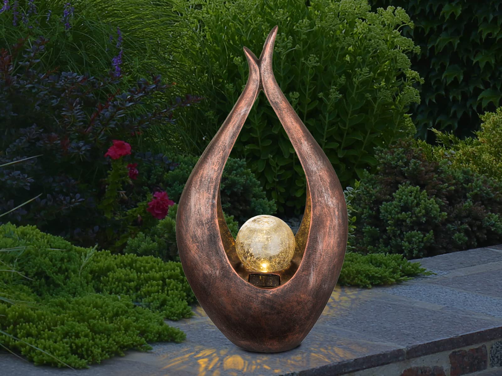 Set di 2 luci solari a LED con sfera in vetro crackle, colore bronzo, altezza 50 cm, effetto pietra, altezza 30,5 cm