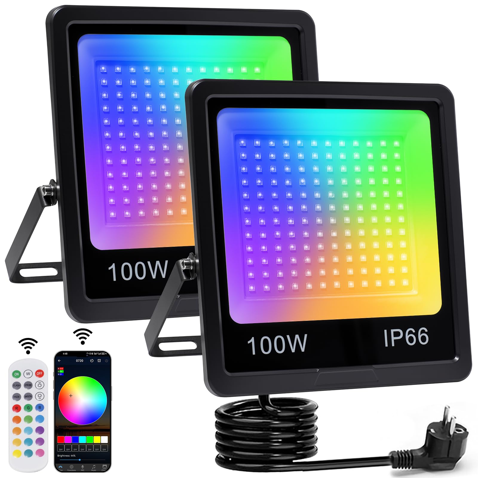 100W RGB LED Strahler, LED Fluter Außen, Mit Bluetooth APP Und 2.4G Fernbedienung, IP66 Wasserdicht Farbwechsel Dimmbar, 16 million Farben Flutlicht für Gärten, Innenhöfe,Party (2 PC)