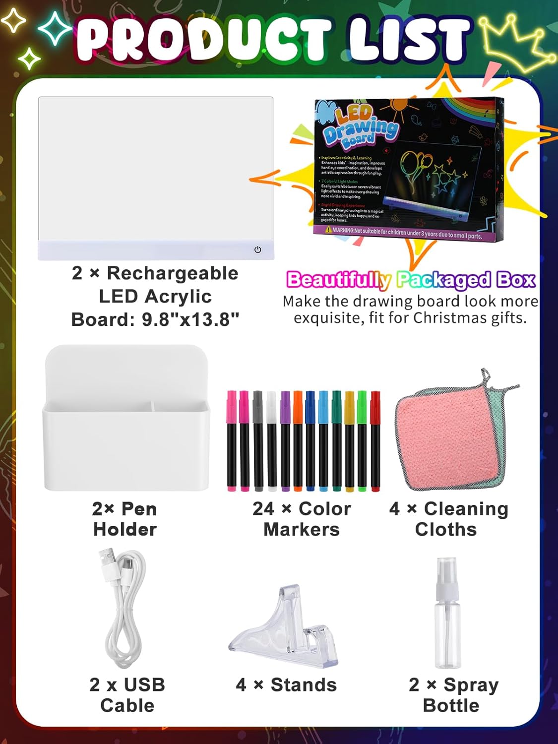 Light Up Led Drawing Board for Kids - Rechargeable 9.8"x13.8" Acrylic Led Note Board with 7 Colors & 4 Modes, Doodle Boards for Art Supplies, Birthday Gifts for Grandkids, 2 Pack