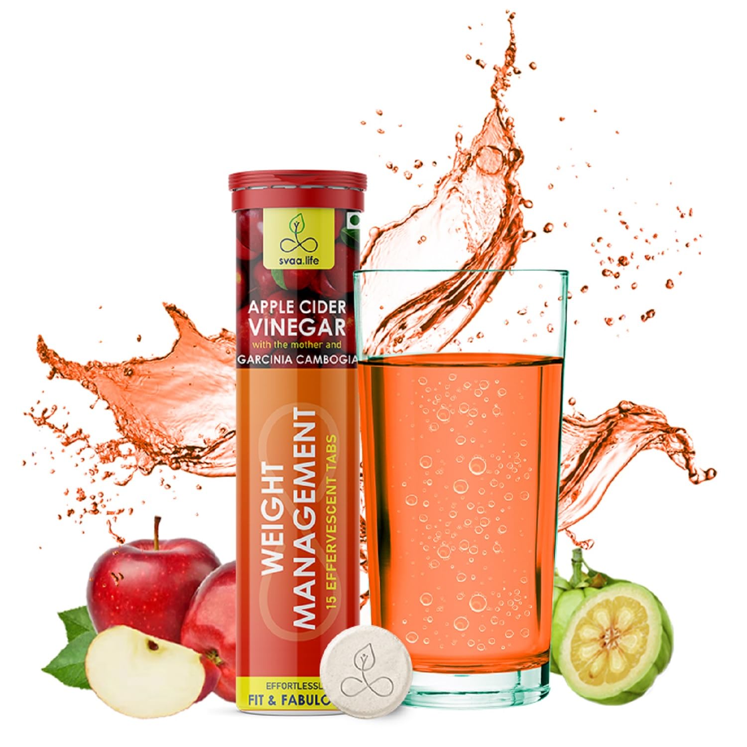 svaa.life Apple Cider Vinegar Effervescent 15 Tablets 500mg with Garcinia Cambogia, Pomegranate, Vitamin B6 & B12 | ACV Tablets for Weight Loss & Improving Gut Health - (Pack of 1)