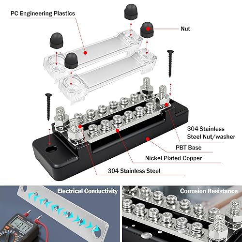 Miniatura 3 de LENKRAD Barra de bus de bloque de distribución de energía de doble fila de 150 A con terminales de anillo, bloque de terminales marinos de acero