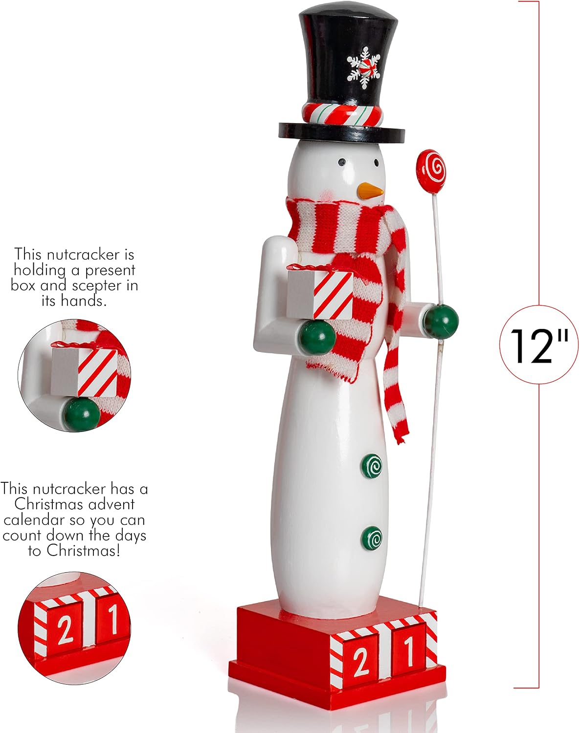 Ornativity Snowman Nutcracker for Christmas - Countdown Wooden Snow Man with Advent Calendar Count Down to Xmas Winter Holiday Nut Cracker 12 Inch