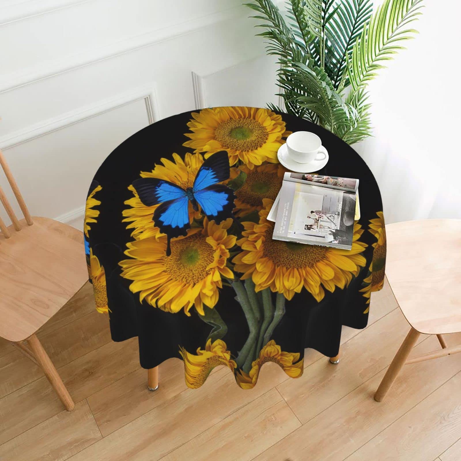 Lawenp Yellow Sunflowers with Blue Butterflies Decorative Round Table Cloths - 60 Inches in Diameter for Buffet Tables, Parties, Holiday Dinners.