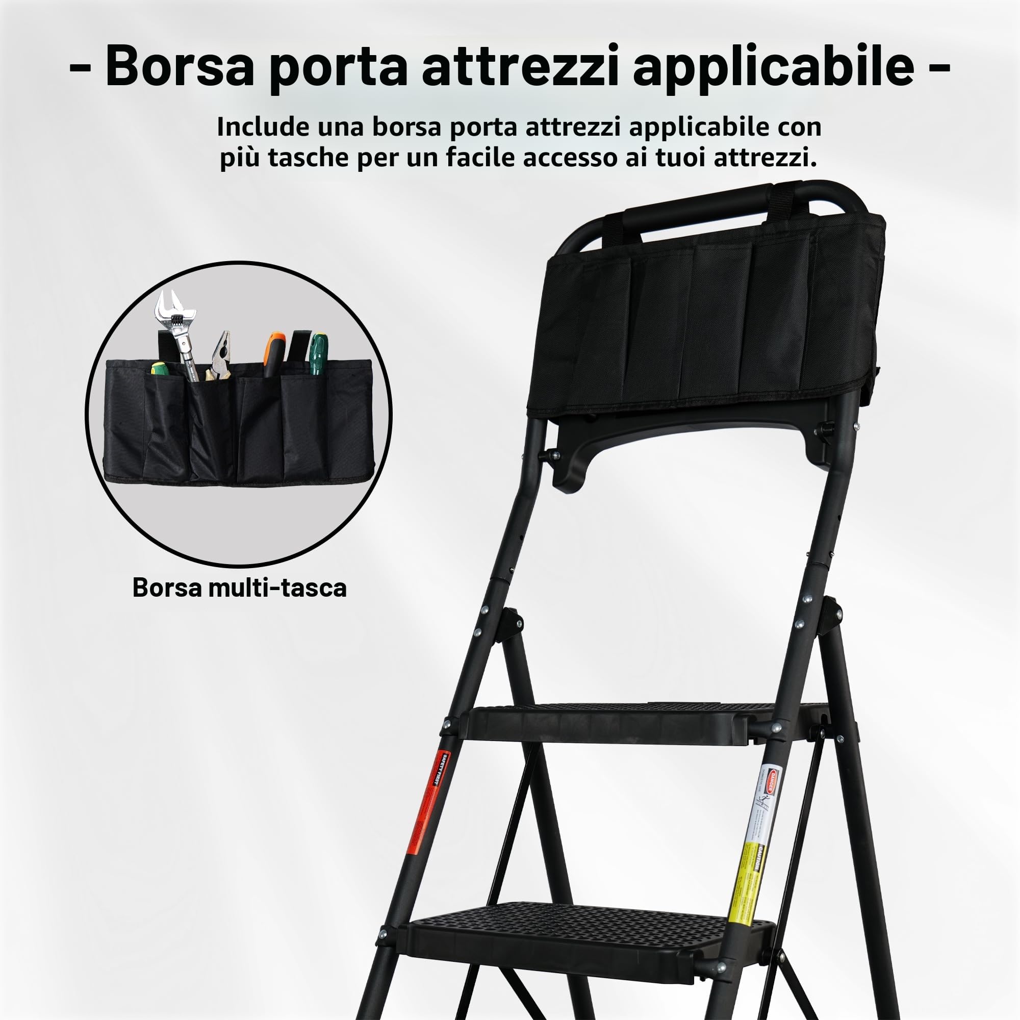 BONTEC Scala Pieghevole a 5 Gradini con Pedali Extra Larghe in Plastica Antiscivolo, Struttura in Ferro, Vassoio Portaoggetti e Borsa Attrezzi, Portata 150 kg, Facile da Riporre,Nero