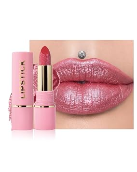 Diamond Glitter Lipstick, Rose Pink Shimmer Matte Metallic Lipstick, High Pigmented Waterproof Long Lasting Lip Gloss, Shiny Non-Sticky Lip Tint Stain,Womens Mothers Day Lip Makeup Gift for Women-03