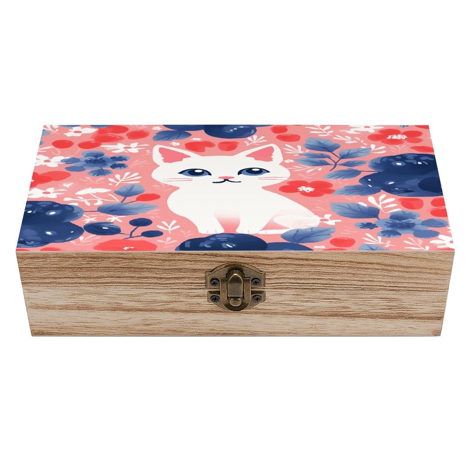 asbwuo Berry Style And Cat Wood Keepsake Box Wooden Box with Hinged Lid