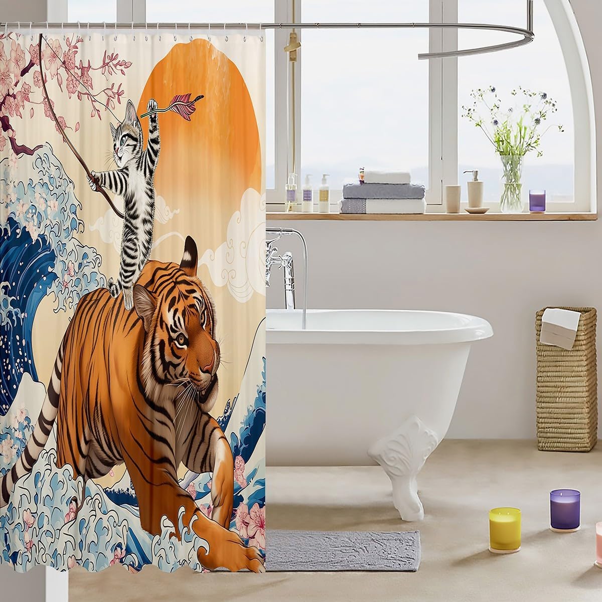 Funny Cat Bath Curtain for Kids Japanese Ocean Wave Shower Curtain for Bathroom Decorative, Safari Tiger Bathroom Curtain Pink Cherry Blossoms Shower Accessories, Asian Fun Anime Bathtub Decor image 3