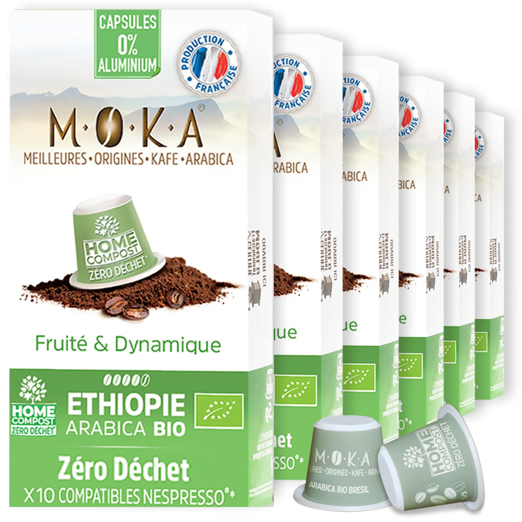 MOKA - 100 Capsules Café Bio d’excellence 100% Pur Arabica d'Ethiopie Bio (10*10) - Délicat et Fruité - Compatibles avec Nespresso - Intensité 8 - Home Compost - Expresso et Lungo - Torréfié en France