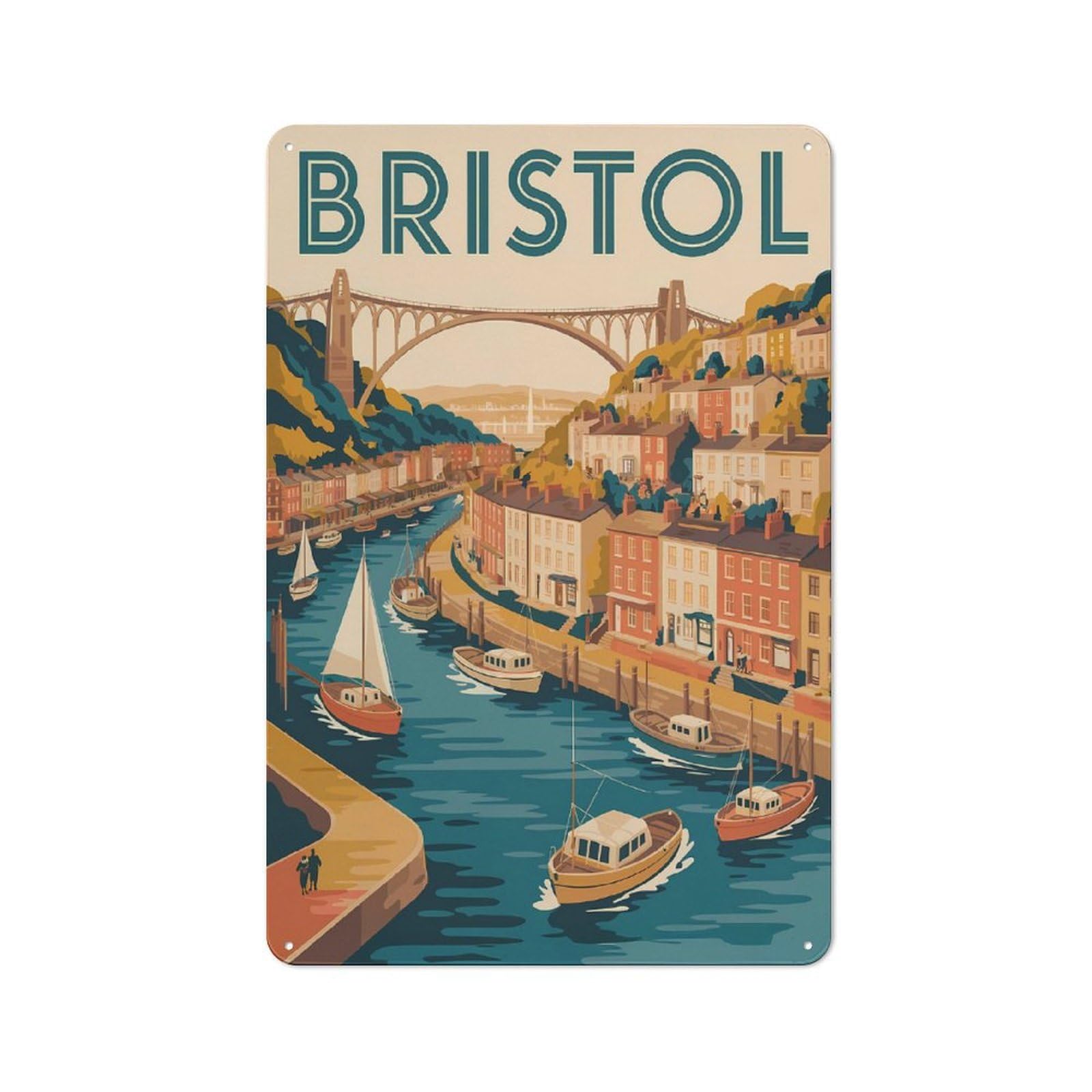 Rustic Bristol Cityscape Travel Rustic Tin Sign 30x20cm, Porch Wall Decor for Greenhouse, Garden Room, Cafe Or Entryway