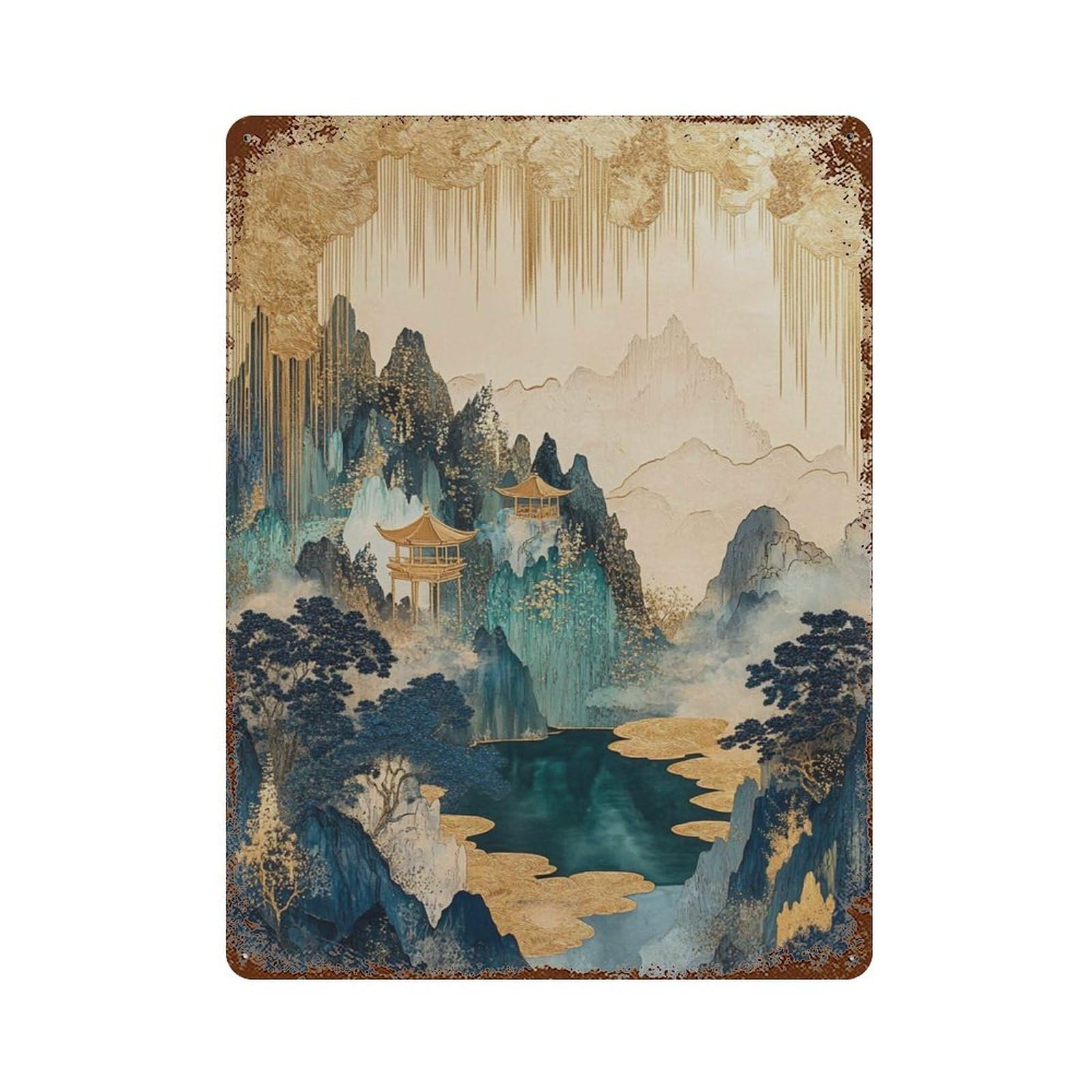 xiaoxiaoshen Golden Pagoda Landscape Oriental Mountain Luxury Gold And Teal Wall Decor Art Metal Tin Poster Modern Home Decor Art Home Bar Shop Decorations Vintage Sign 40x30cm