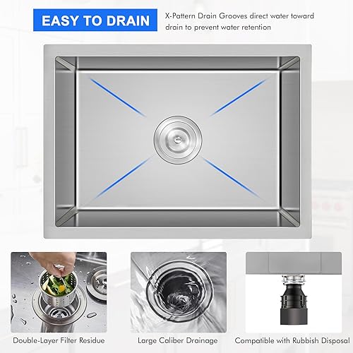 Miniatura 7 de MENATT Fregadero de cocina de 20 pulgadas, acero inoxidable SUS304 hecho a mano, fregadero de cocina con colador de fregadero (cepillado), 20 x 16 x