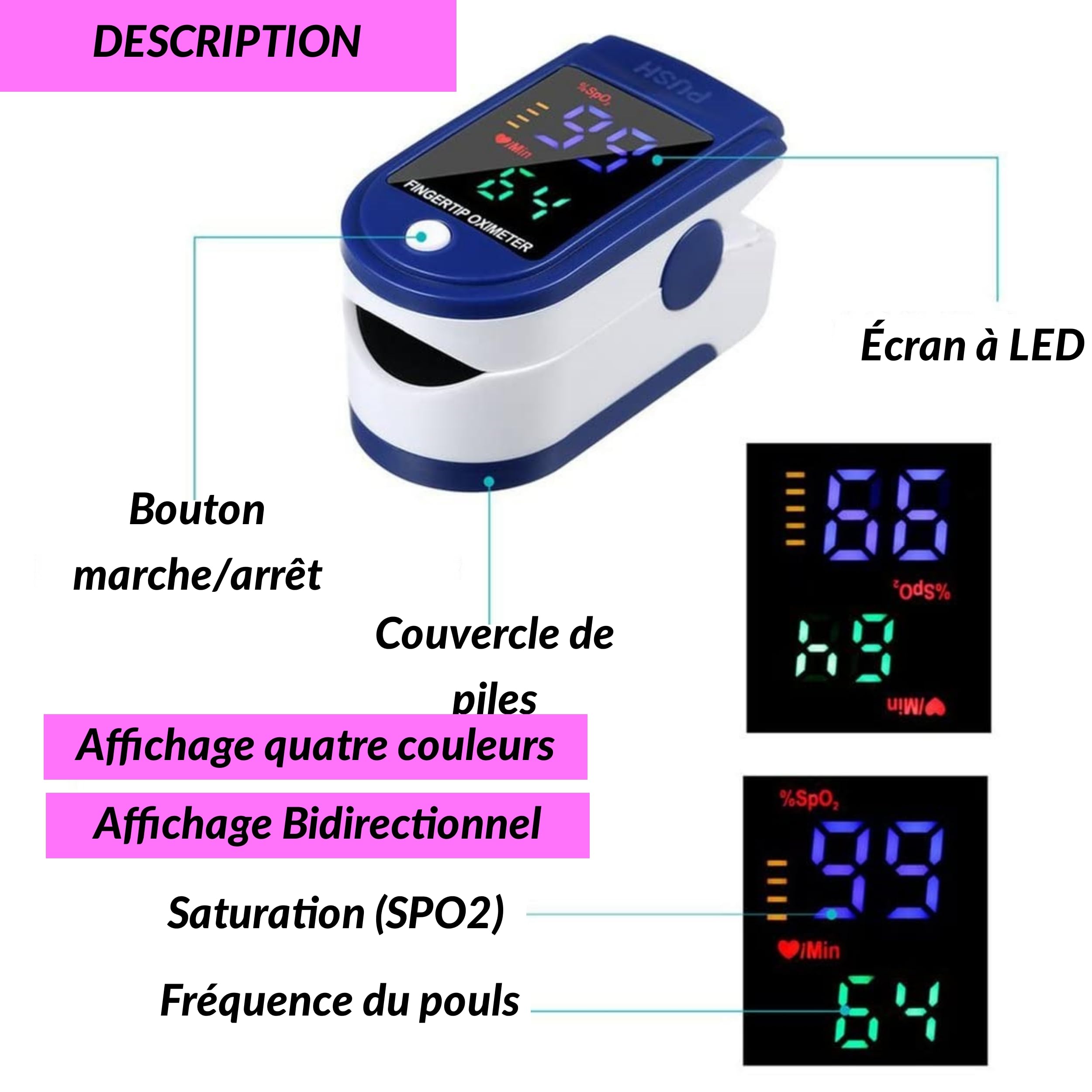 Oxymètre de Pouls Doigt – LOT DE 2 – Mesure SpO₂ & Fréquence Cardiaque – Écran LED Lisible – Piles Incluses – Oxymètre Adultes & Adolescents – Usage Bien-Être notice en Français etui et cordon
