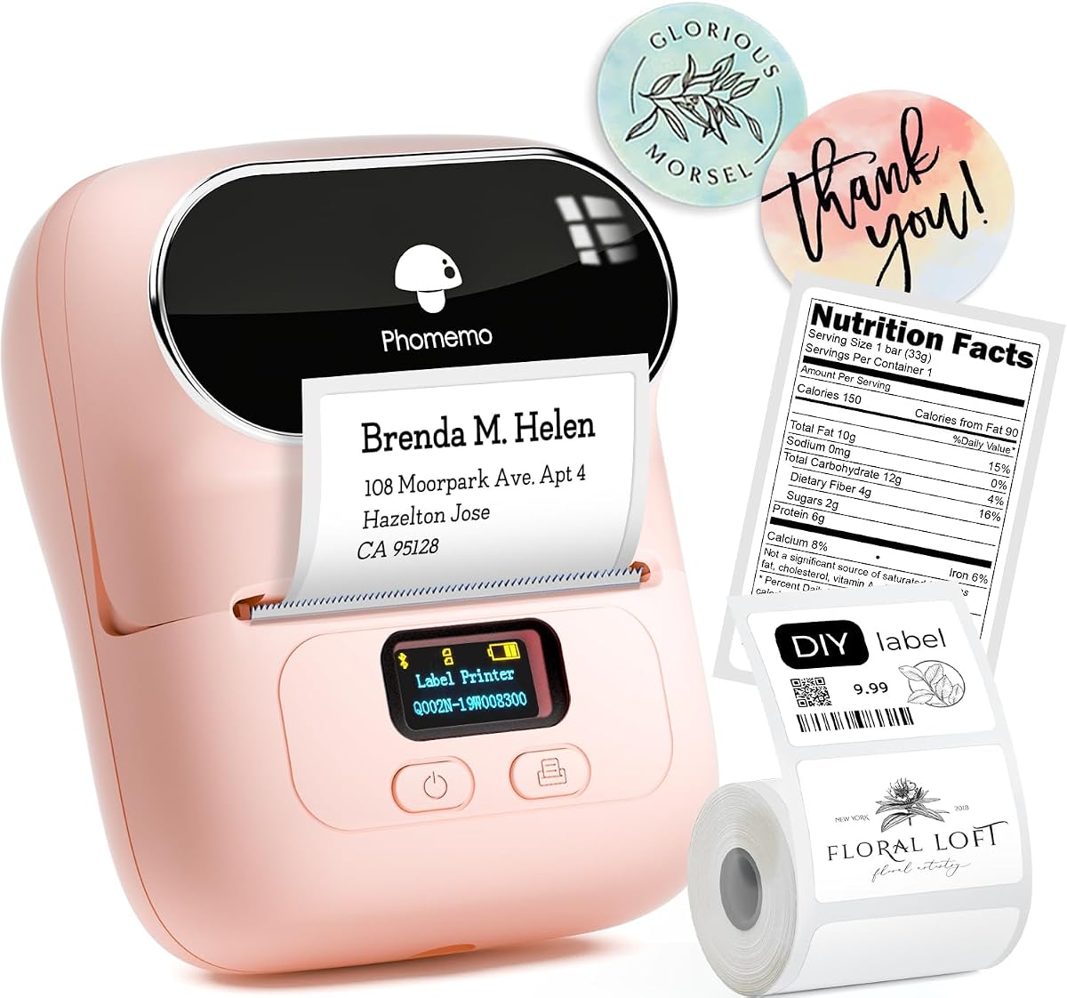 Label Printer M110- Small Address Label Maker-Baby Pink | Bluetooth Barcode Printer, Portable for Small Business, Address, Office, Home for Phone; for PC/Mac(USB), with 100 Labels